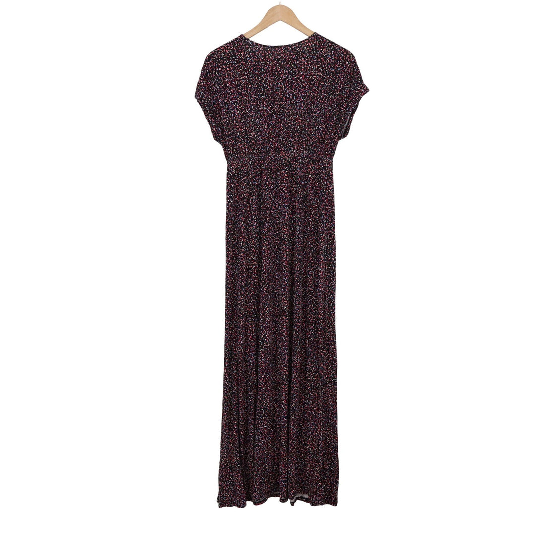 Esprit Womens Small Black Multi Confetti Print V-Neck Maxi Dress Short Sleeve