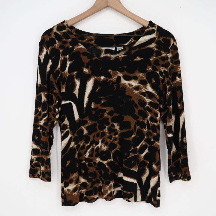Chicos Travelers Animal Print 3/4 Sleeve Scoop Neck Top Brown Black Size 1