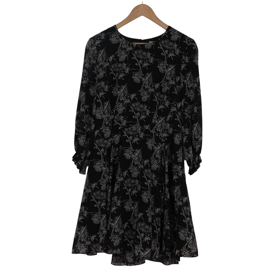 HM Black Botanical Print Chiffon Long Sleeve Mini Dress Size 14