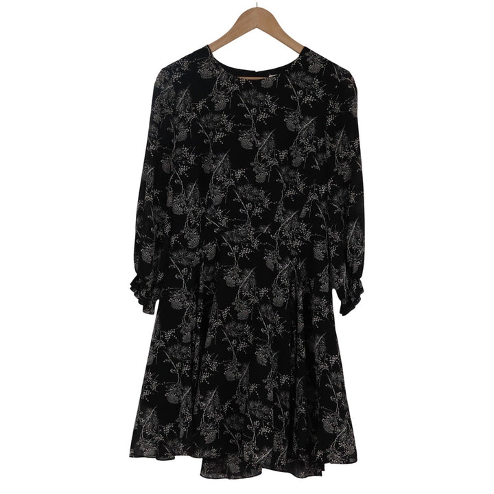 HM Black Botanical Print Chiffon Long Sleeve Mini Dress Size 14