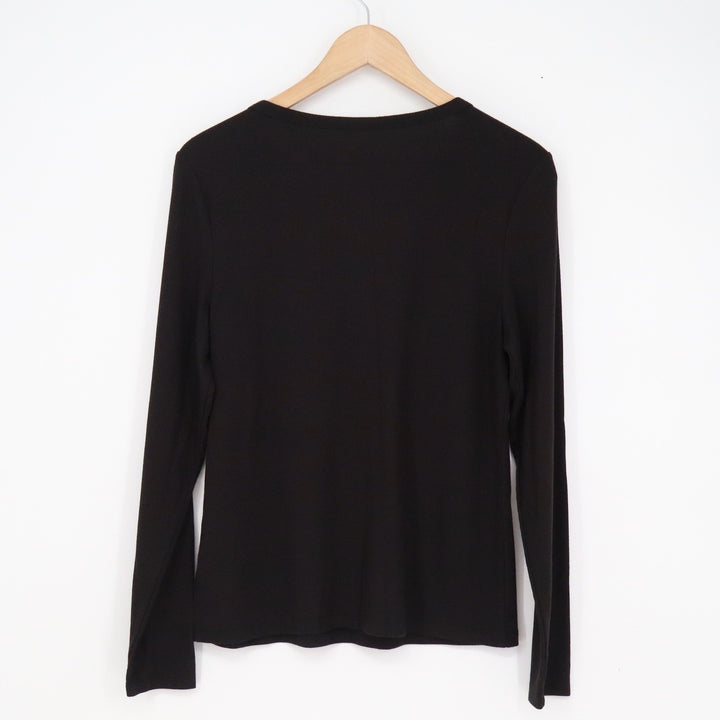 Time and Tru Womens Henley Top Black Long Sleeve Ribbed Knit Shirt Size L 12-14
