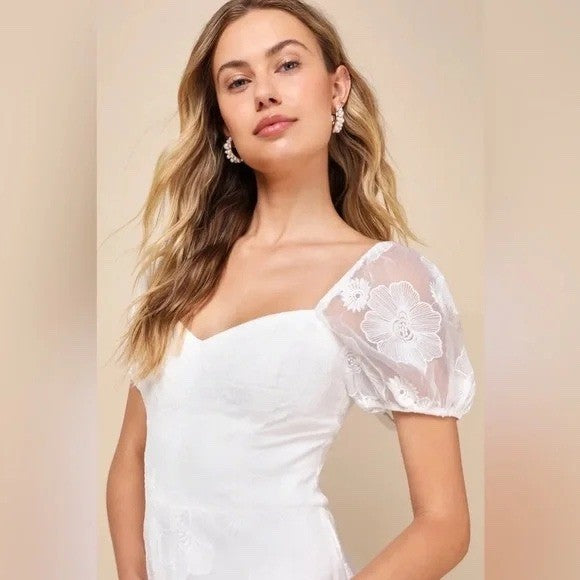 Lulus Sweetest Behavior White Embroidered Puff Sleeve Midi Dress Size S