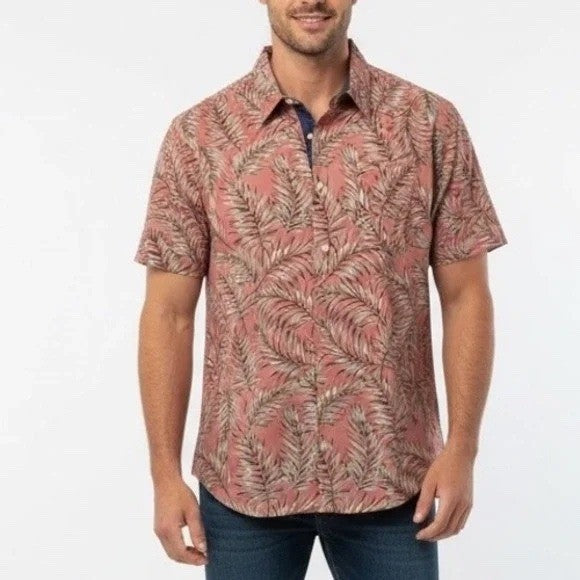 Jachs NY Mens Short Sleeve Tropical Leaf Print Button Up Shirt Red Size L