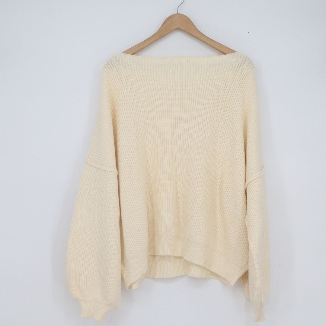 Talulah Womens Cream Ribbed Oversized Boat Neck Lantern Sleeve Sweater Large L