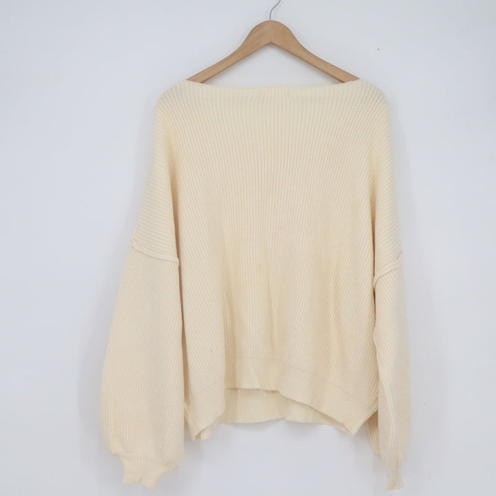 Talulah Womens Cream Ribbed Oversized Boat Neck Lantern Sleeve Sweater Large L