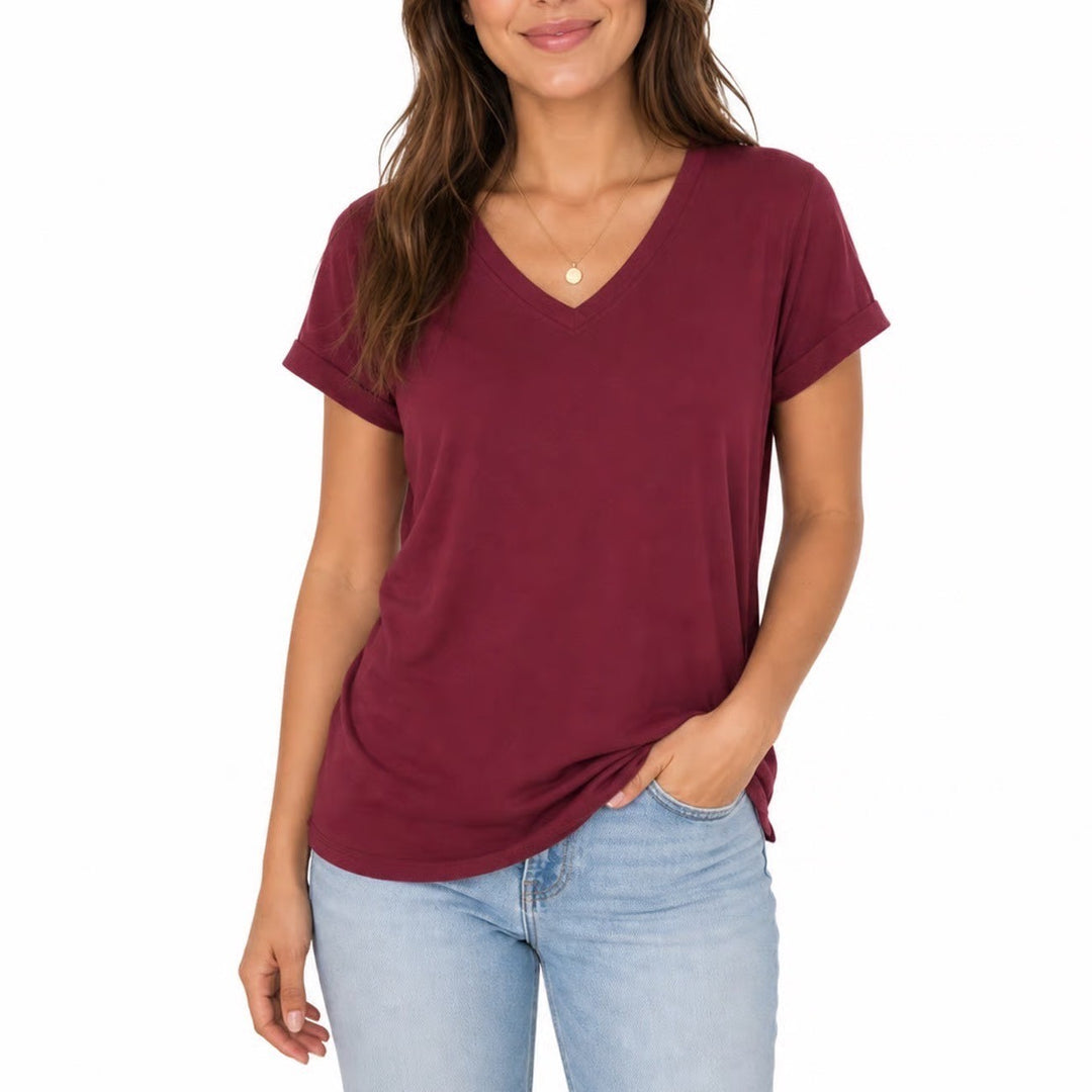 LEG3ND Womens V-Neck Short Sleeve T-Shirt Burgundy Rolled Cuff Size L