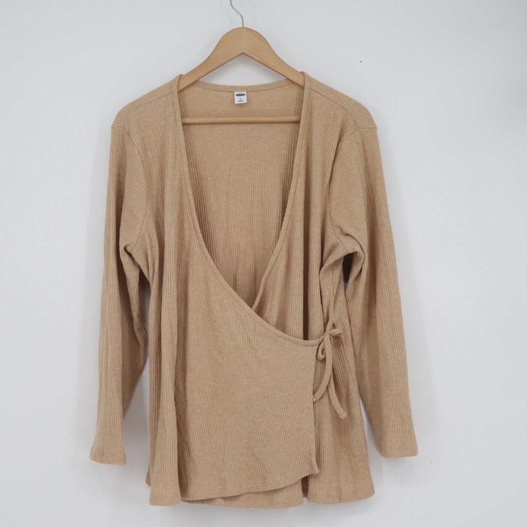 Old Navy Womens XL Tan Ribbed Long Sleeve Side Tie Wrap Top Balletcore V-Neck