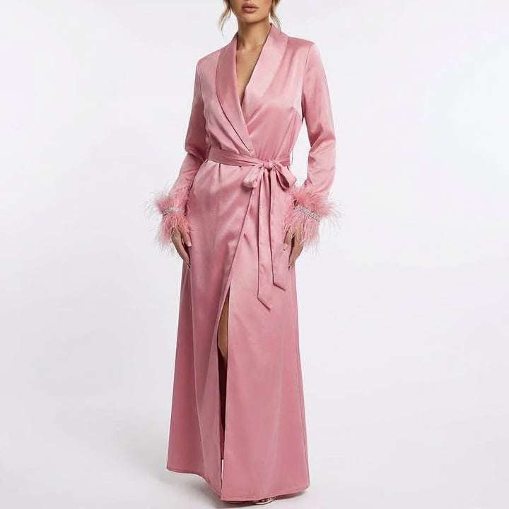 Naked Wardrobe The Statement Blush Pink Feather Trim Pearl Duster Robe M