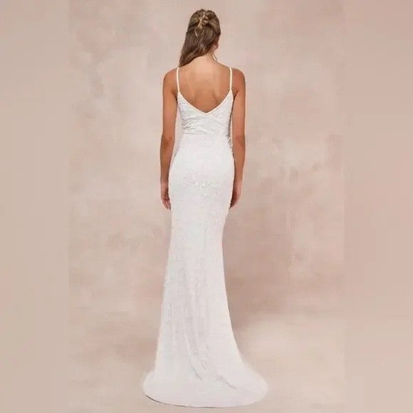 Lulus Everlasting Vows White Beaded Sequin Mermaid Maxi Dress Size XL