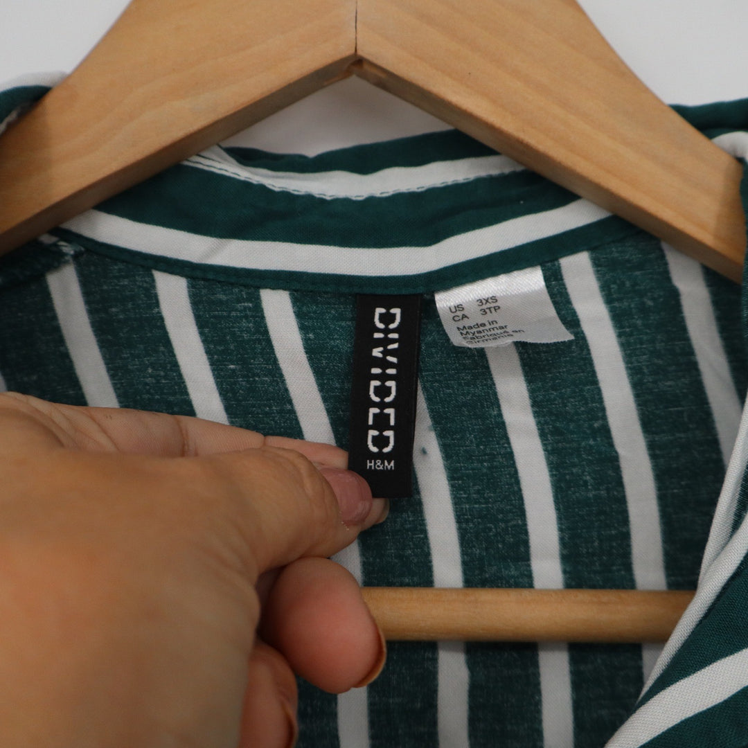 H&M Divided Green White Striped Button Up Blouse Viscose 3XS