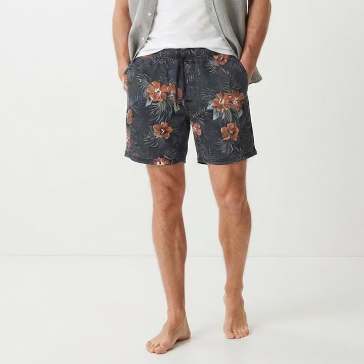 Sunrise Kingdom Mens Floral Board Shorts Navy Blue Hibiscus Tropical Swim M