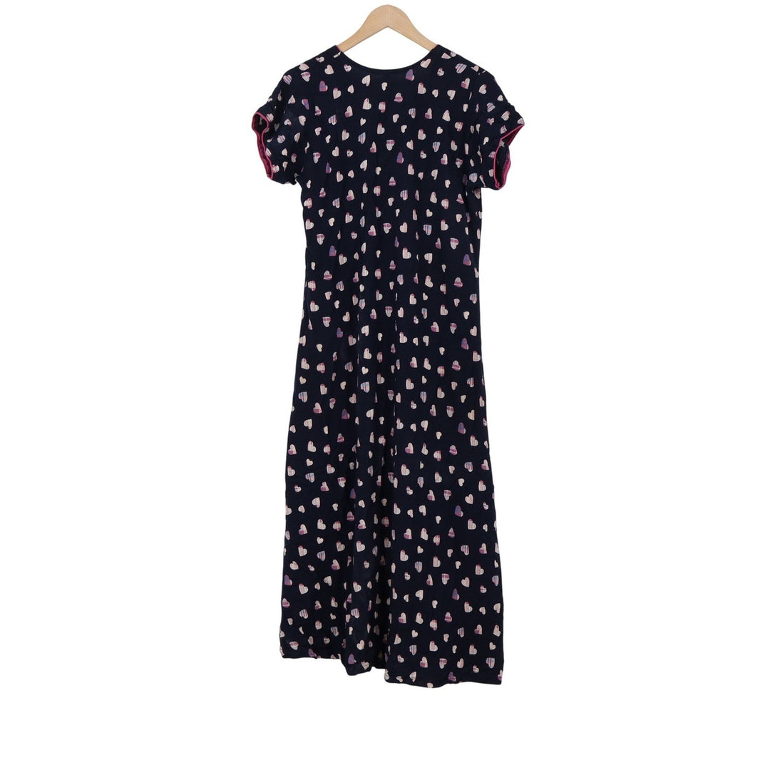 Navy Blue Heart Print Maxi Dress Short Sleeve Pink Trim Frog Buttons XL