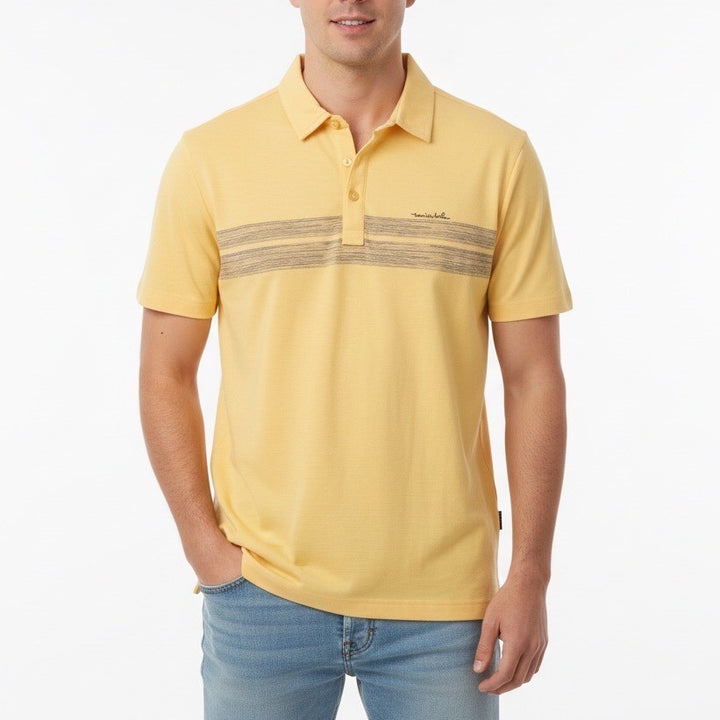 Travis Mathew Yellow Striped Polo Shirt Mens Medium Golf Casual Short Sleeve