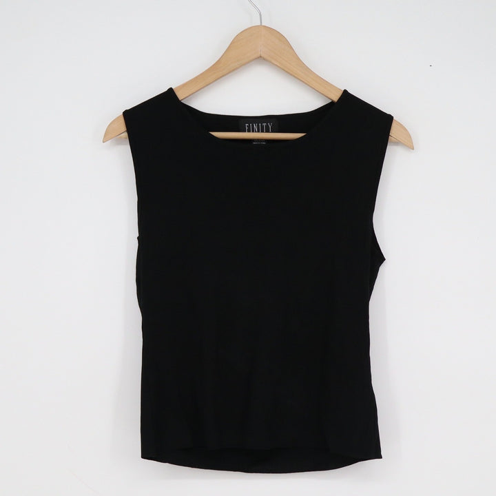 Finity Black Sleeveless Ribbed Knit Top Round Neck Rayon Blend Size L