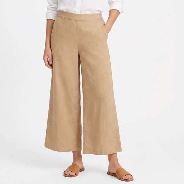 Halston Womens Tan Linen Blend Wide Leg Cropped Pants Size S Khaki DVA 963