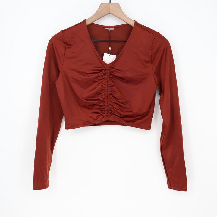 CALIA Womens Ruched Long Sleeve Rashguard Red Brown Shine UPF 50+ S