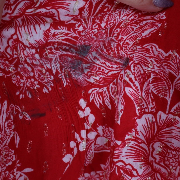 Style & Co Tunic Top Womens Medium Red White Floral Cotton 3/4 Sleeve Split Neck