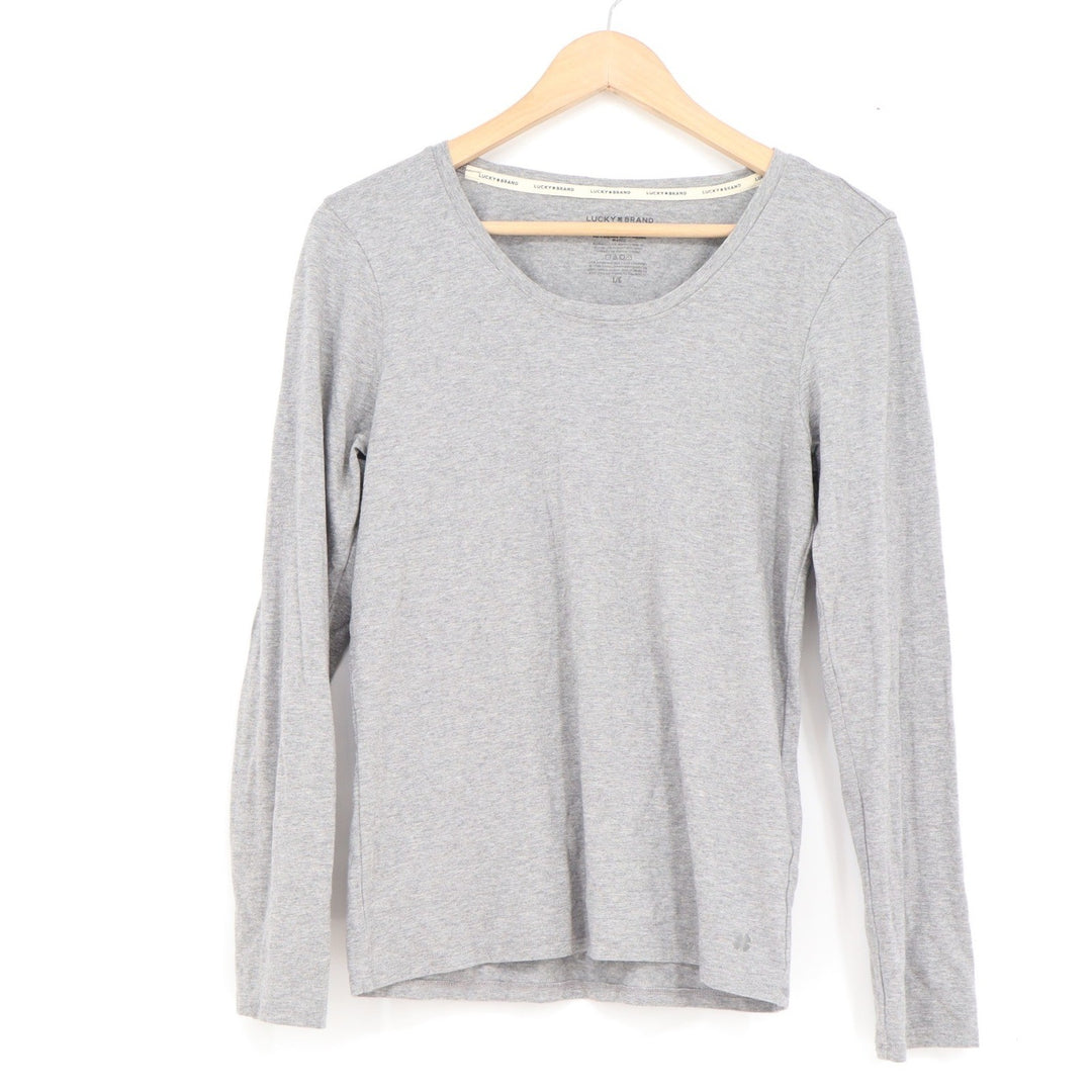 Lucky Brand Womens Long Sleeve Scoop Neck Tee Heather Gray Clover Logo Large
