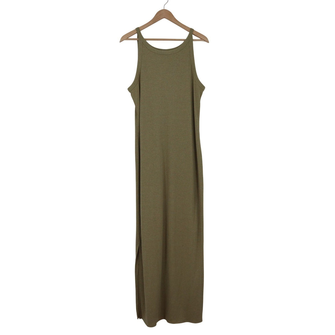 A New Day Olive Green Ribbed Knit Sleeveless Side Slit Maxi Dress Large