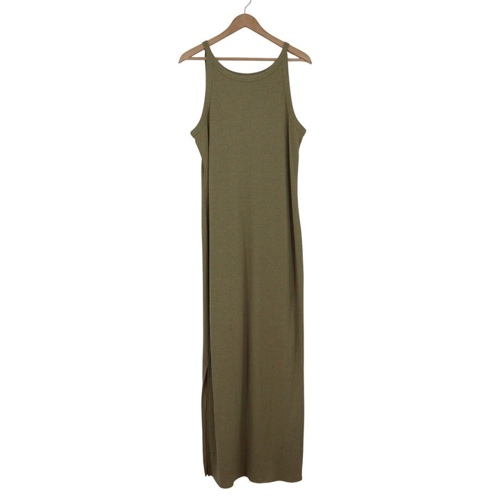 A New Day Olive Green Ribbed Knit Sleeveless Side Slit Maxi Dress Large