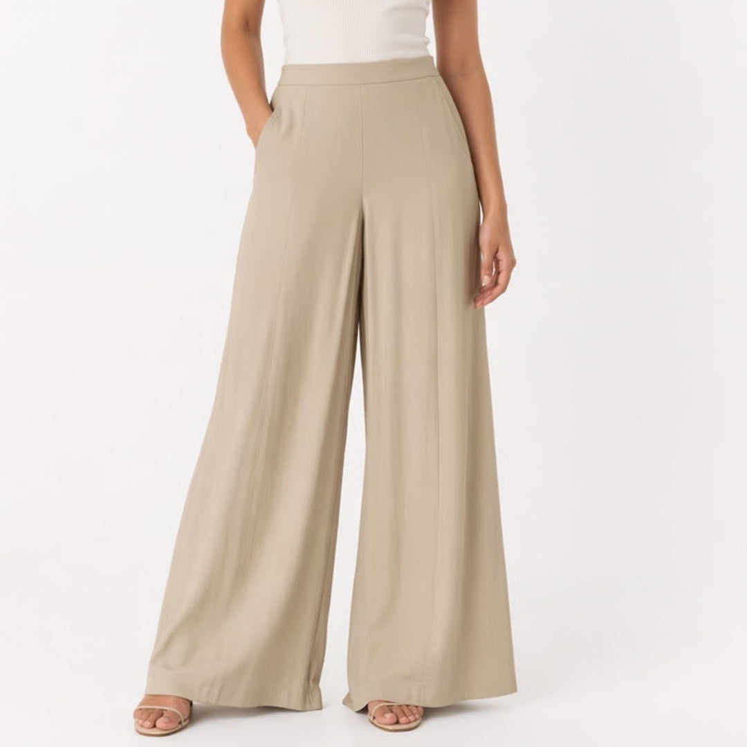 Shein Wide Leg Pants Women Large Beige Stretch Ribbed Knit Elastic Waist Pull On