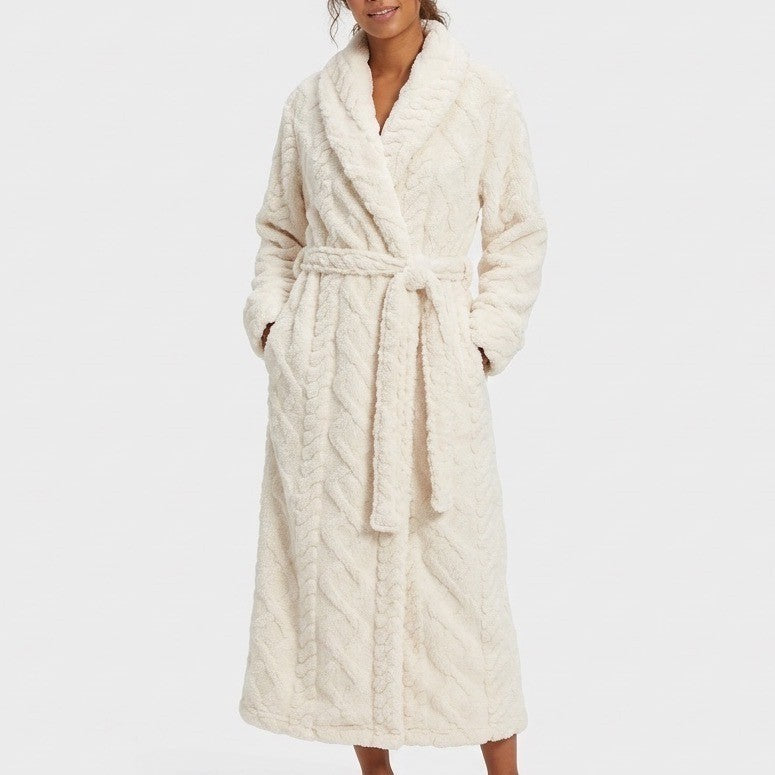 Roudelain Wrap Bathrobe Womens S White Fleece Cable Knit Shawl Collar Belt Waist