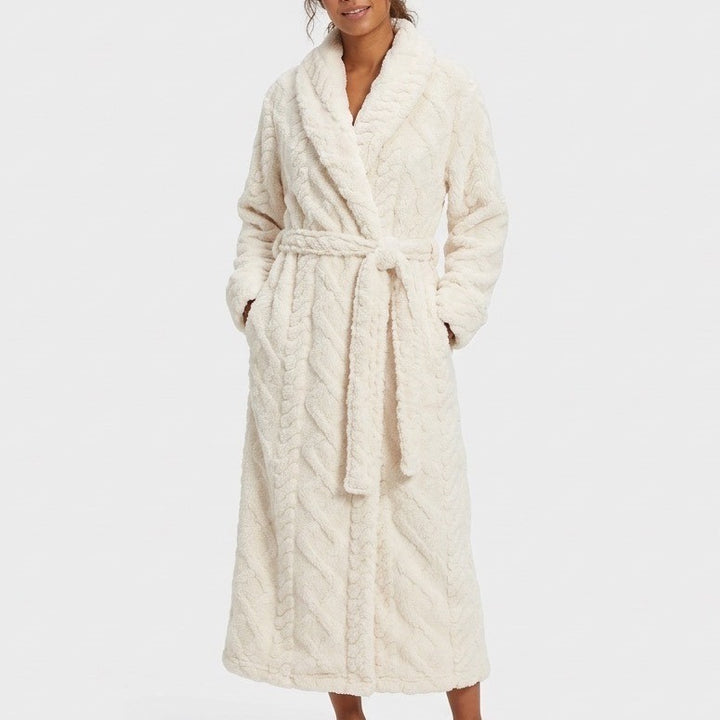 Roudelain Wrap Bathrobe Womens S White Fleece Cable Knit Shawl Collar Belt Waist