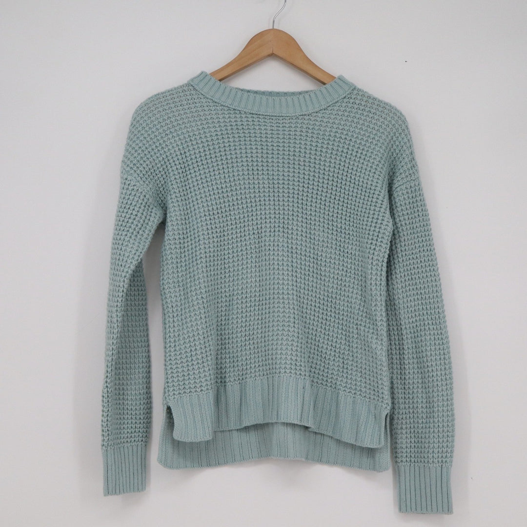 SO Womens Waffle Knit Sweater Light Blue Crewneck High-Low Hem Small