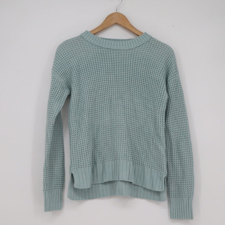 SO Womens Waffle Knit Sweater Light Blue Crewneck High-Low Hem Small