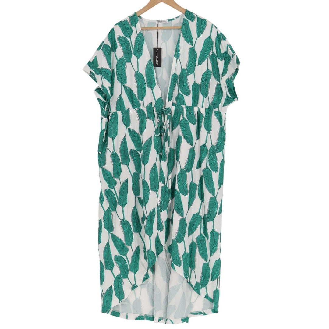In'Voland Coverups Kimono Womens 16W White Green Leaf Print Tie Front Beachwear