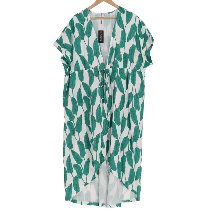 In'Voland Coverups Kimono Womens 16W White Green Leaf Print Tie Front Beachwear