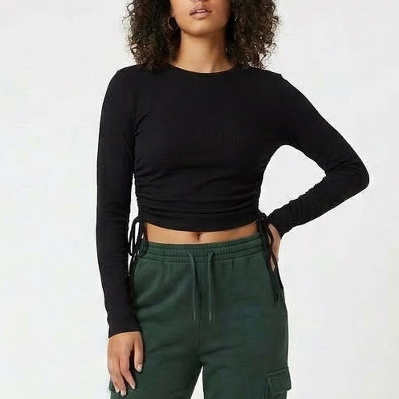 Prettylittlething Cropped Top Womens 6 Black Ruched Side Crew Neck Long Sleeve