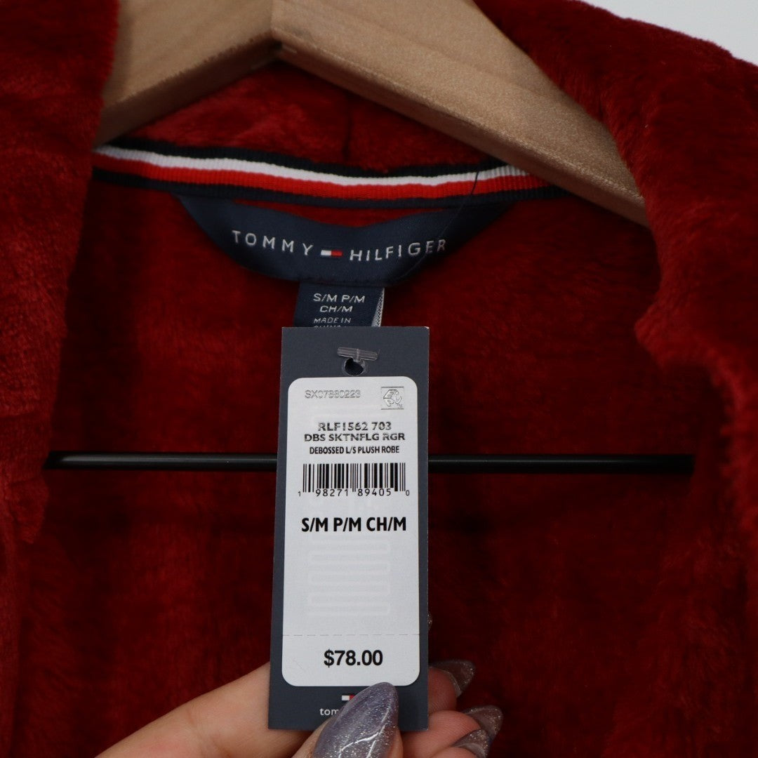 Tommy Hilfiger Debossed Plush Robe Women S/M Regatta Red Waist Belt Shawl Collar