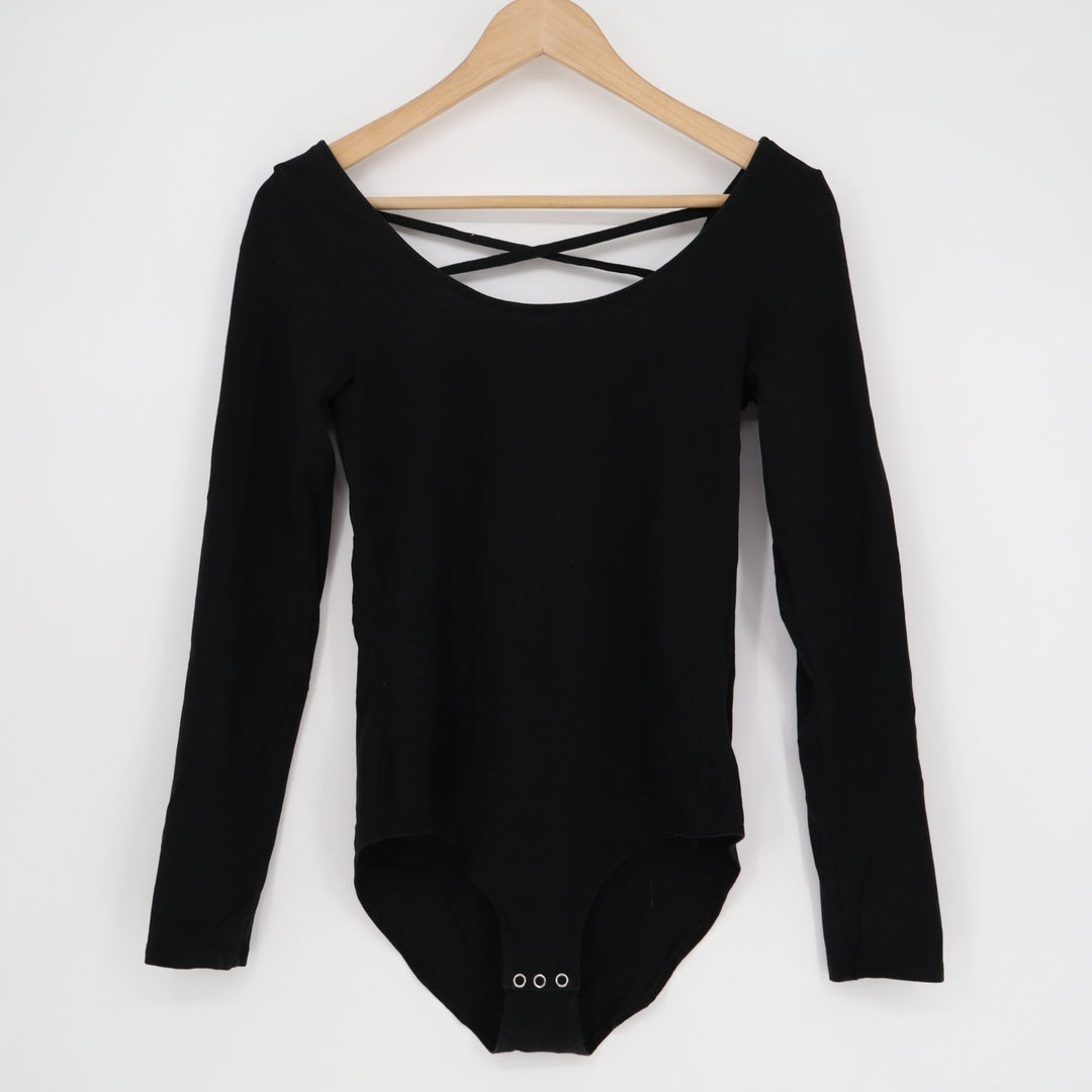 American Eagle Outfitters Bodysuit Women M Black Cotton Stretch Criss Cross Back