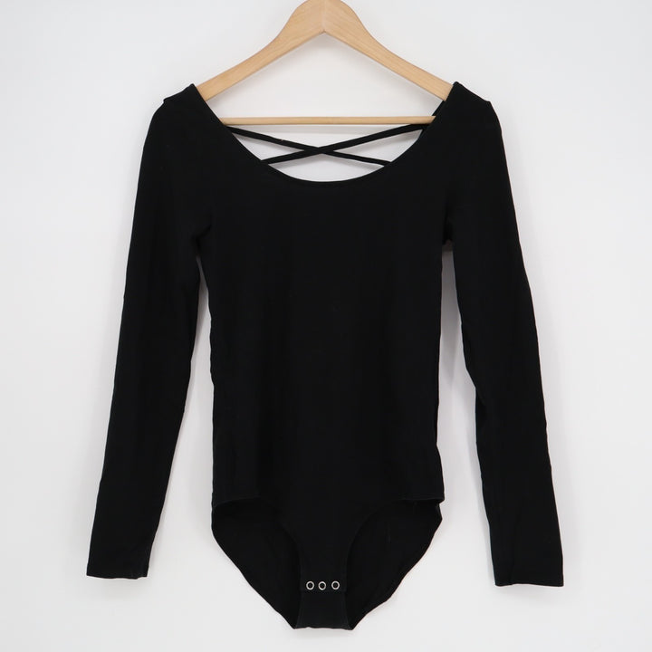 American Eagle Outfitters Bodysuit Women M Black Cotton Stretch Criss Cross Back