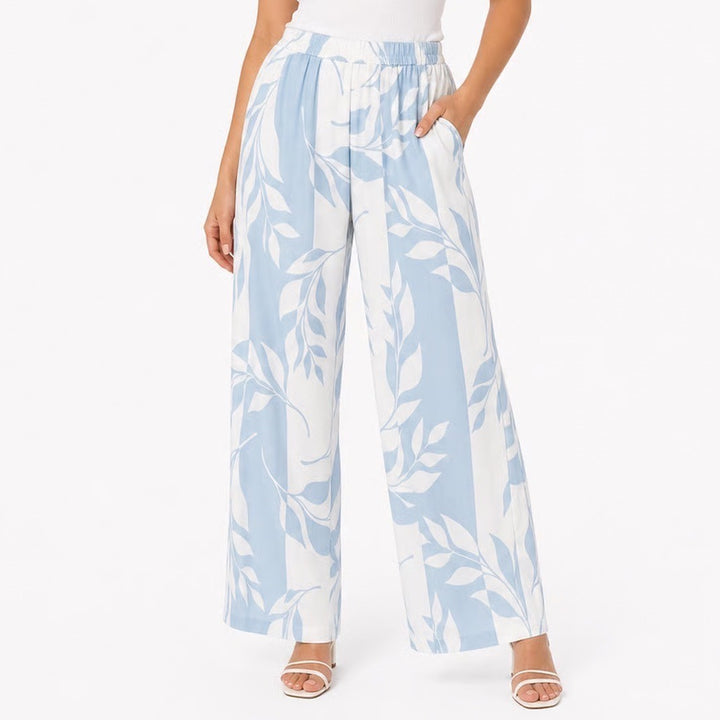 Unbranded Light Blue White Botanical Leaf Stripe Wide Leg Palazzo Pants Large