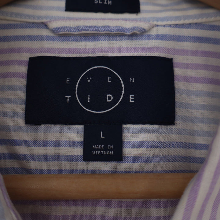 Even Tide Mens Slim Fit Linen Cotton Striped Short Sleeve Button Down Shirt L