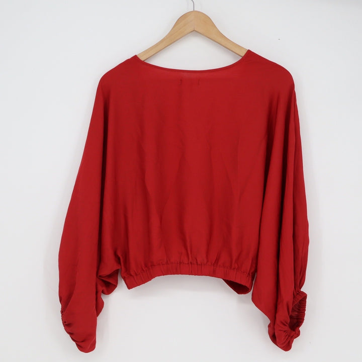 Silence + Noise Red Surplice Balloon Sleeve Cropped Blouse Small V-Neck Dolman