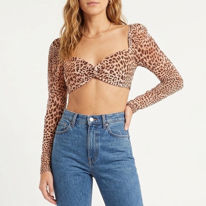 Naked Wardrobe The Statement Leopard Print Crop Top Long Sleeve Small