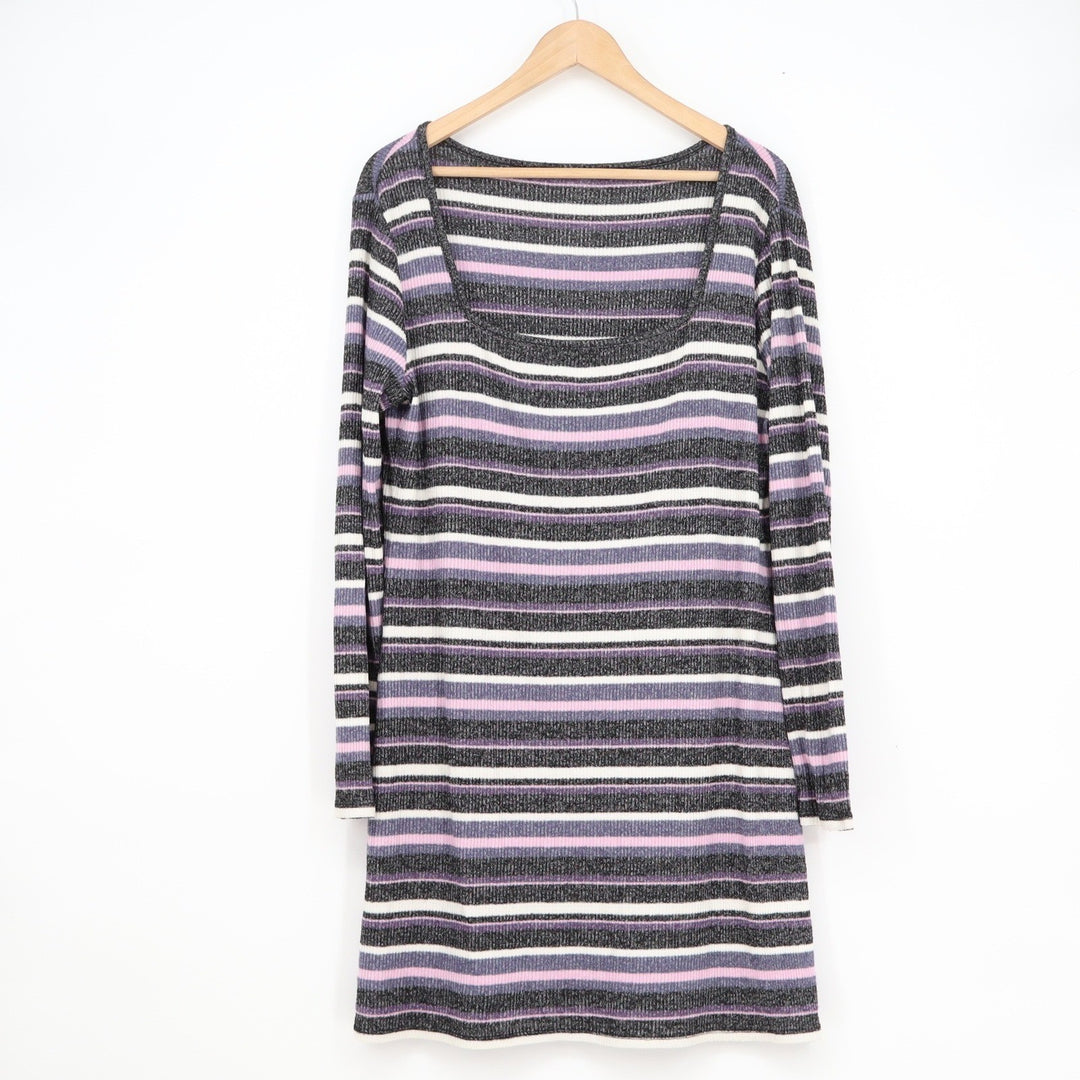 Striped Ribbed Knit Long Sleeve Scoop Neck Mini Sweater Dress Purple Grey White