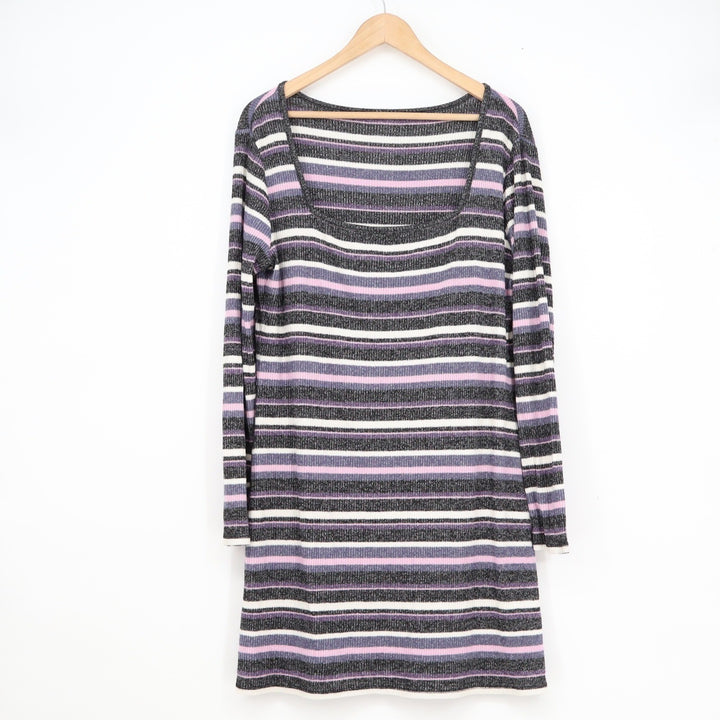 Striped Ribbed Knit Long Sleeve Scoop Neck Mini Sweater Dress Purple Grey White
