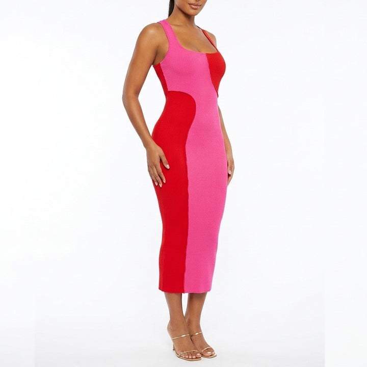 Naked Wardrobe Pink Red Colorblock Ribbed Racerback Midi Dress Small