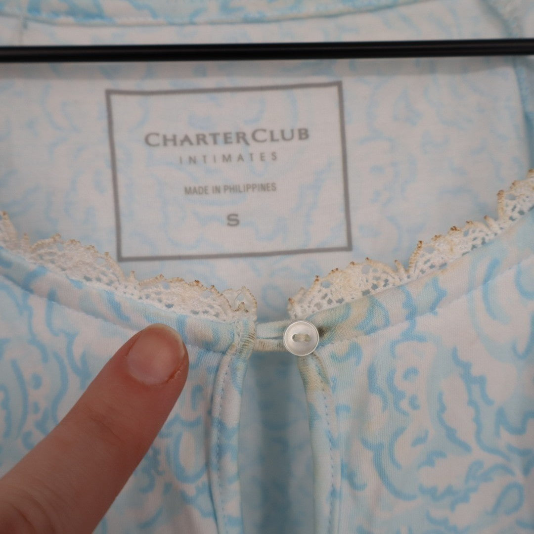 Charter Club Intimates Nightgown Womens Small Blue Floral Slit Neck Cap Sleeve