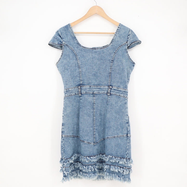 Acid Wash Denim Bustier Mini Dress Blue Fringe Hem XXL Cap Sleeve Western Style