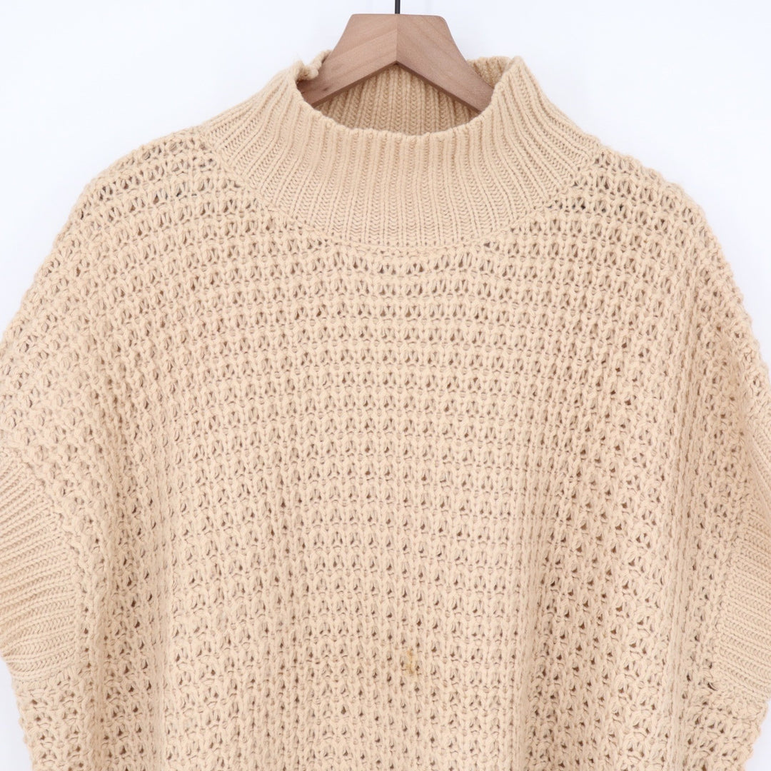 Unbranded Beige Chunky Open Knit Mock Neck Oversized Sweater Vest 7905