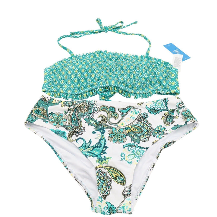 Cupshe Womens Medium Smocked Bandeau Halter Paisley High Waist Bikini Set Teal