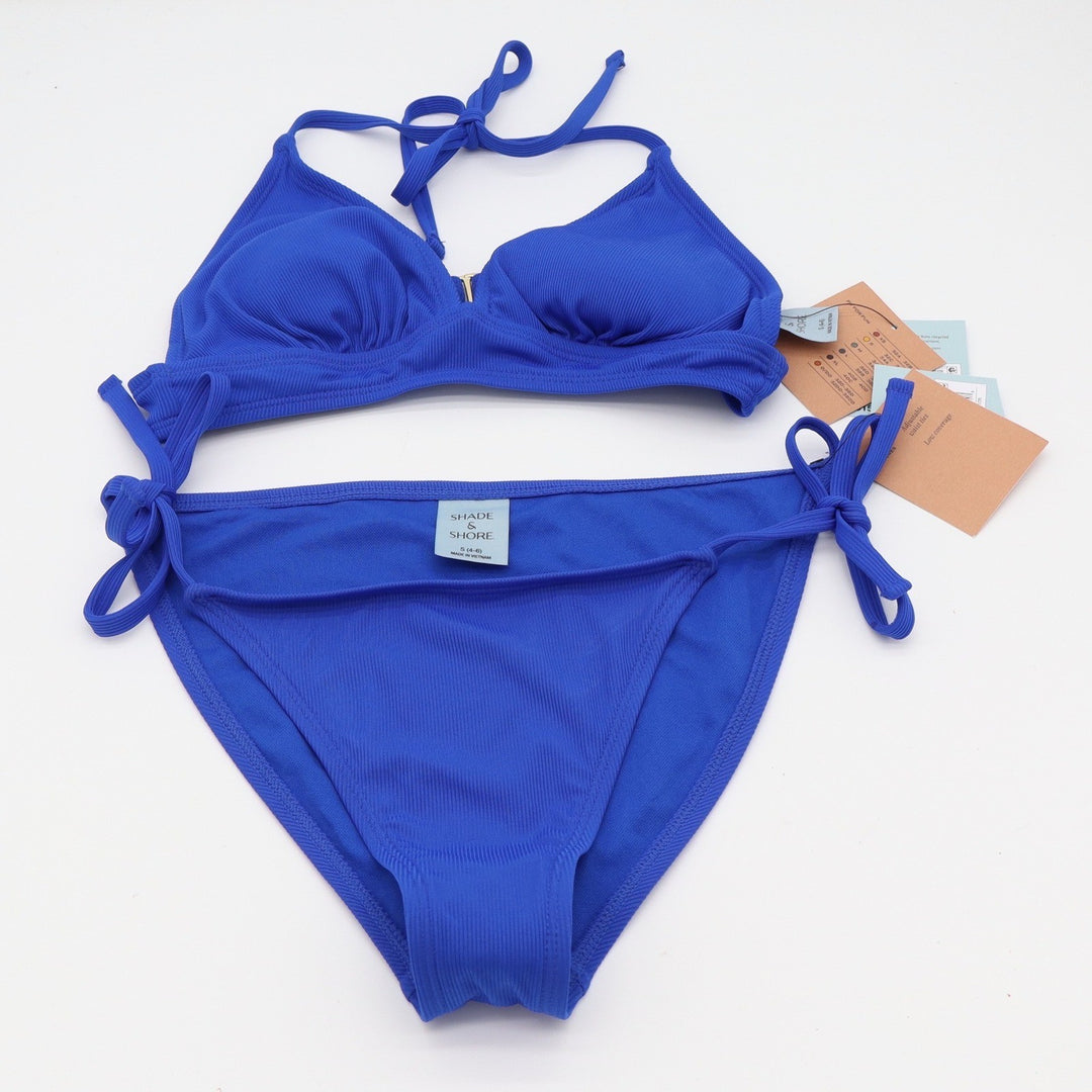 Shade & Shore Bikini Set Womens S Ribbed High Leg Cheeky Blue Side Tie NEW
