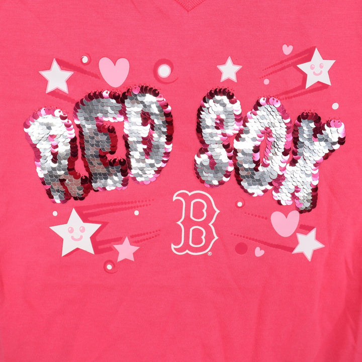 New Era Girls Boston Red Sox Pink Sequin V-Neck T-Shirt Size 6/6X MLB NEW