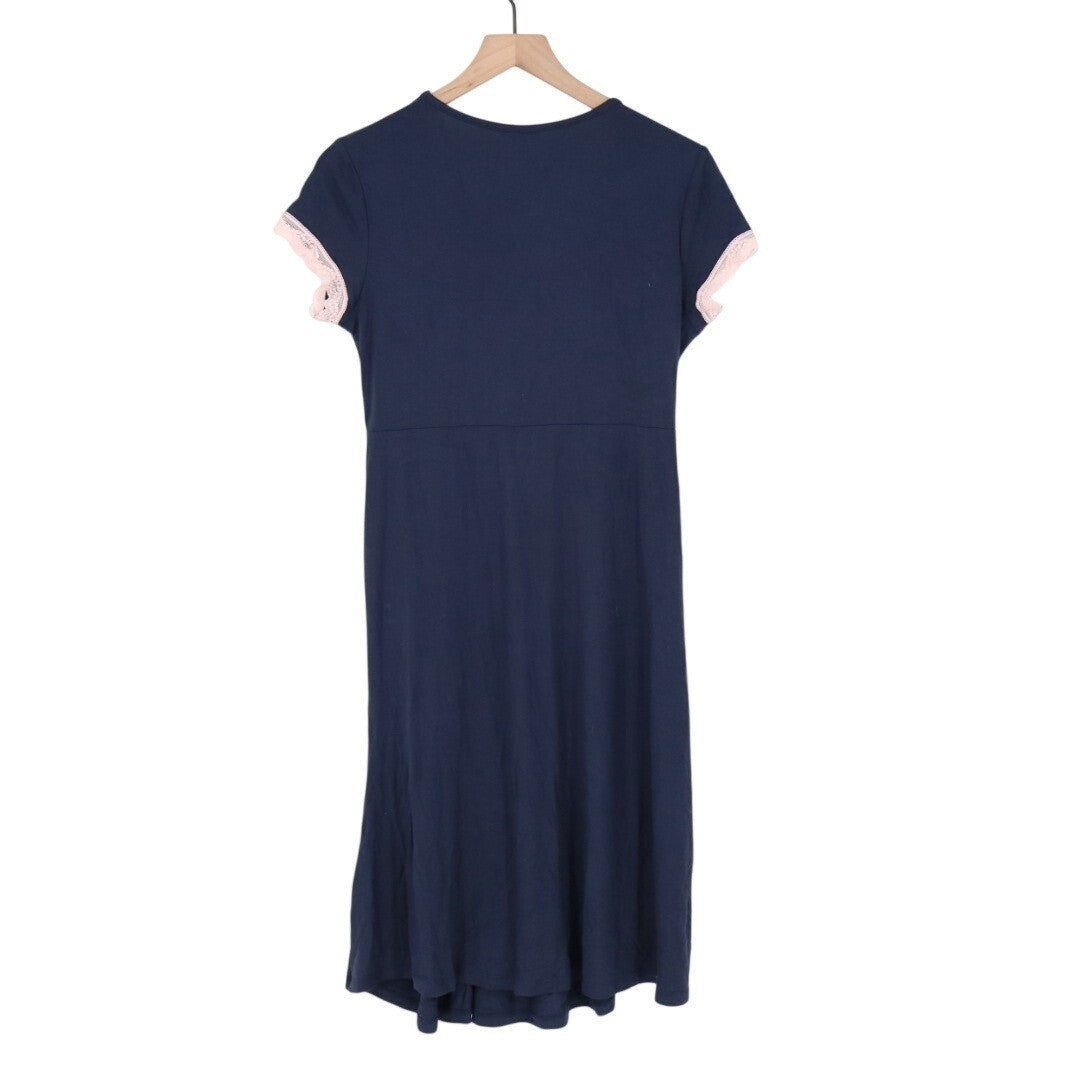 Kimi+Kai Nightgown Dress Womens M Navy Stretch Pleated Lace Trim Short Sleeve