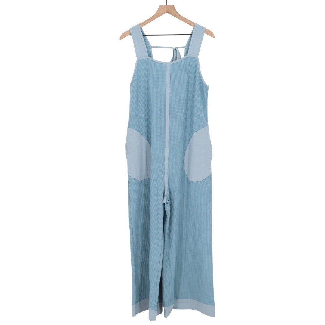 WIHOLL Blue Waffle Knit Jumpsuit Wide Leg Cropped Tie Back Size L